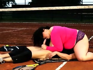 Tennis teacher gets hig face smothered right at..