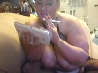 Wife showing her natural 38ddd's while smoking